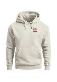 Beige hooded sweatshirt with front pocket and small red logo of a chef holding a pizza box and text "Pizza Neverless" on chest.