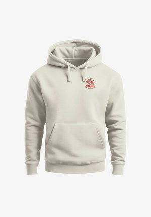 Beige hooded sweatshirt with front pocket and small red logo of a chef holding a pizza box and text "Pizza Neverless" on chest.