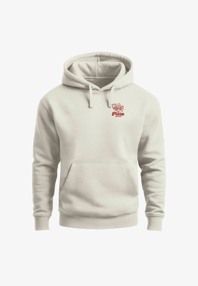 Beige hooded sweatshirt with front pocket and small red logo of a chef holding a pizza box and text "Pizza Neverless" on chest.