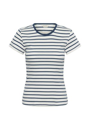 Camicia bianca aderente a maniche corte con righe orizzontali blu navy e scollo tondo blu navy.