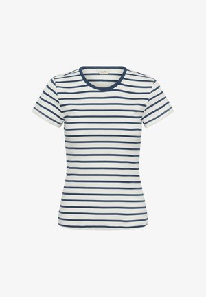 Camicia bianca aderente a maniche corte con righe orizzontali blu navy e scollo tondo blu navy.