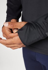 Black long-sleeve athletic shirt with thumbholes in cuffs. Smooth texture, fitted design, and moisture-wicking fabric visible on model's hands.