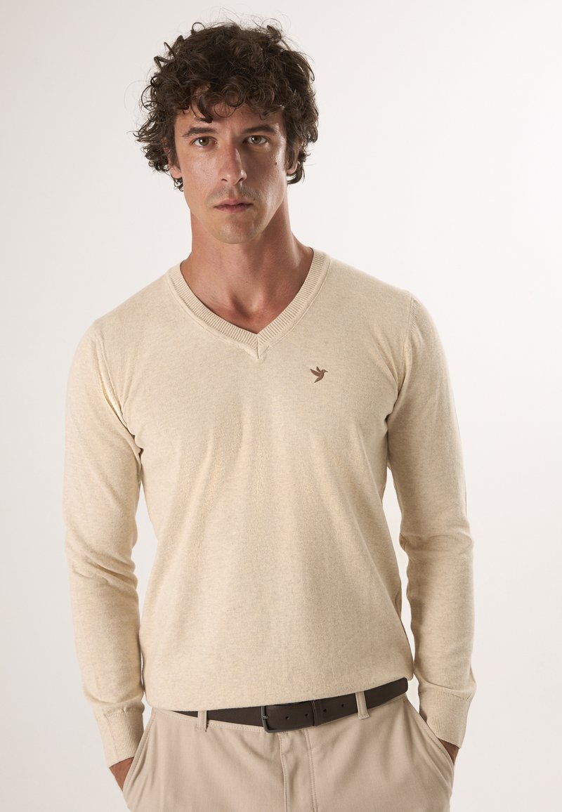 Homme aux cheveux bouclés et foncés portant un pull beige à col en V avec un petit logo d'oiseau et un pantalon beige avec une ceinture noire sur un fond uni.