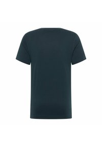 Granatowy bawełniany t-shirt z krótkimi rękawami i okrągłym dekoltem. Charakteryzuje się gładką fakturą i prostym wzorem, bez widocznych logo czy wzorów.
