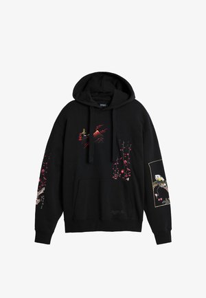 Felpa nera con cappuccio caratterizzata da un ricamo colorato di fiori di ciliegio, una montagna e un uccello. Include una tasca a marsupio frontale e un cappuccio con cordoncino.