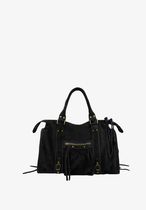 Sac à main en daim noir avec doubles poignées, poche zippée à l'avant avec des franges, et détails en studs et boucle dorés.