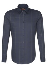Camicia a maniche lunghe blu navy con motivo a quadri verdi, chiusura frontale con bottoni e colletto classico. Tessuto liscio e intrecciato.