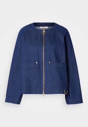 Tumesinises toonis teksatakšoo, ümar kaelus, kuldse tõmblukuga, kahe eesmise taskuga ning rõngasdetailihemmedel. Sile tekstuur.