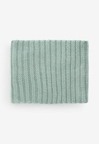 Gestrickte mintgrüne Decke mit vertikaler Rippstruktur, rechteckiger Form und weicher, gemütlicher Optik.