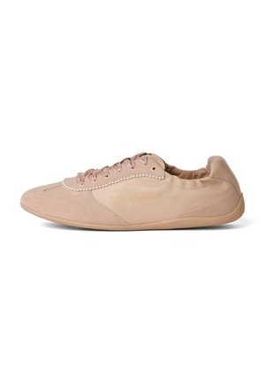 Light beige casual sneaker with lace-up design, soft sole, pearl trim detail, and gold script branding on side.