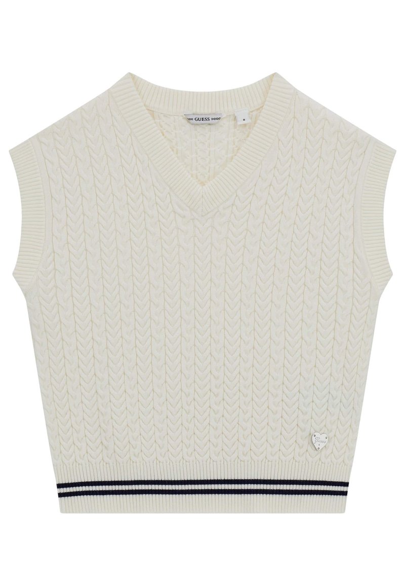 Jersey de punto sin mangas en crema con escote en V, que presenta un patrón de trenzas texturizado y una franja de color marino en el dobladillo. Pequeño detalle de logotipo en el lateral.