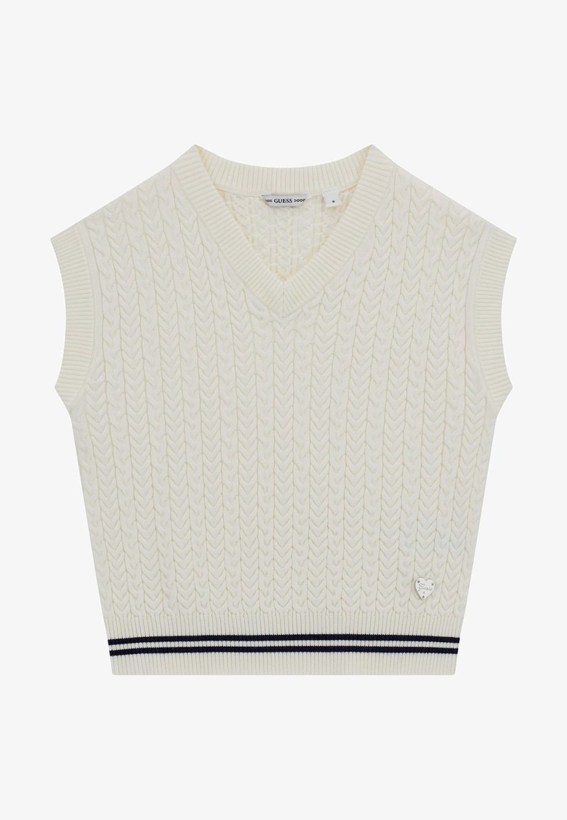 Maglione senza maniche lavorato a maglia in crema con scollatura a V, caratterizzato da un motivo a trecce testurizzato e una striscia blu scuro all'orlo. Dettaglio del logo piccolo di lato.