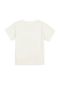T-shirt in cotone di colore bianco sporco, con maniche corte, scollo rotondo e schiena liscia senza ulteriori design o decorazioni.