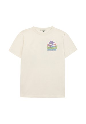 Beige T-shirt met korte mouwen, voorzien van een kleine kleurrijke bloemenprint en de tekst "Bloomin' Break" op de linkerborst.
