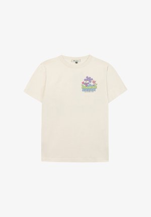 Beiges Kurzarm-T-Shirt mit kleinem, farbenfrohem Blumenmotiv und dem Text "Bloomin' Break" auf der oberen linken Brust.