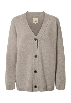 Cardigan in maglia beige con maniche lunghe, scollo a V, polsini e orlo a coste, e quattro bottoni neri lungo la parte anteriore.