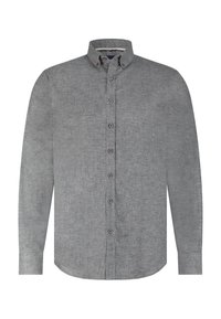 Grijze button-up shirt met lange mouwen, een button-down kraag en zeven bijpassende grijze knopen op de voorste sluiting.