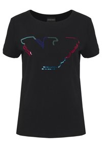 Černé bavlněné tričko s multicolor flitrovým logem V s vlnitými akcenty na přední straně, kulatým výstřihem a krátkými rukávy.