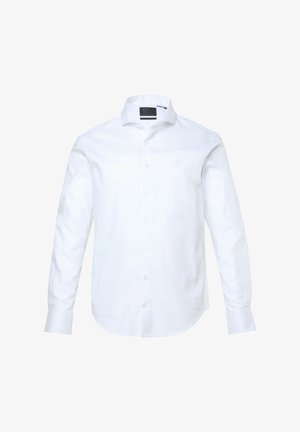 Biała koszula z długim rękawem, wykonana z gładkiego materiału, z zapięciem na guziki, kołnierzykiem w szpic i subtelnym haftem "JP" na piersi.