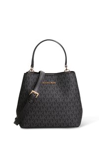 Zwarte leren handtas met een geometrisch patroon, een gestructureerde vorm, dubbele handvatten en gouden logodetails. Inclusief verstelbare schouderriem.