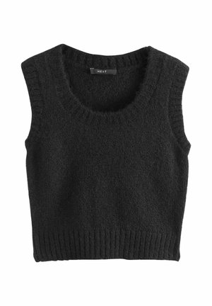 Zwart gebreide mouwloze sweater vest met geribde zoom en halslijn, gelabeld "NEXT."