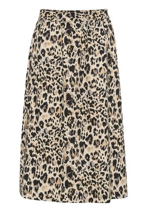 Leopardmönstrad kjol med en naturlig färgpalett, med veckad design och elastisk midja, tillverkad av ett texturerat tyg.