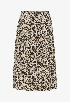 Leopardenmuster-Rock mit einer natürlichen Farbpalette, ausgestattet mit einem gefältelten Design und einem elastischen Bund, hergestellt aus einem strukturierten Stoff.