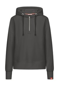 Hoodie in donkergrijs, met een half-rits voorkant, een trekkoord en een logo op de borst. De boorden en de zoom hebben een zachte afwerking.