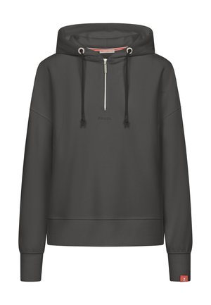 Hoodie in donkergrijs, met een half-rits voorkant, een trekkoord en een logo op de borst. De boorden en de zoom hebben een zachte afwerking.