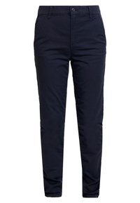 Granatowe chinosy z lekkiej bawełny. Slim fit z zapięciem na guzik, kieszeniami bocznymi i płaskim przodem. Gładka tekstura, brak widocznego wzoru.