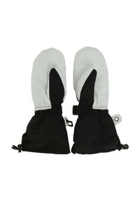 Graue und schwarze Fäustlinge mit einer weichen Textur, elastischen Bündchen und verstellbaren Riemen am Handgelenk für einen sicheren Sitz.