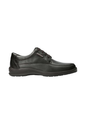 Chaussure décontractée noire pour hommes en cuir à lacets, avec dessus texturé et semelle coussinée, portant la mention "mobils" sur le côté.