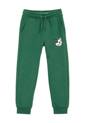 Groene kindersweatpants met elastische tailleband, trekkoord, zijzakken, geribde boorden en een kleine hondenkop grafiek op de rechterdij.