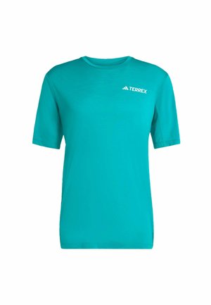 T-shirt atletico a maniche corte turchese realizzato in materiale leggero. Presenta un colletto girocollo e un logo TEREX sul fronte.