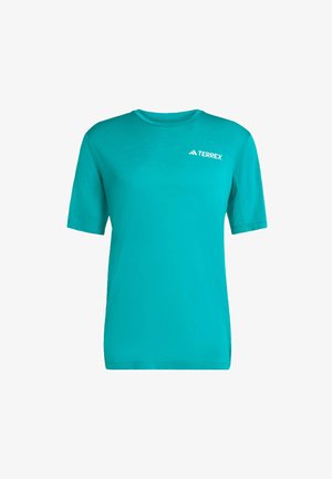 Turquoise short-sleeve athletic t-shirt made of lightweight material. Features a crew neck and a TEREX logo on the front.