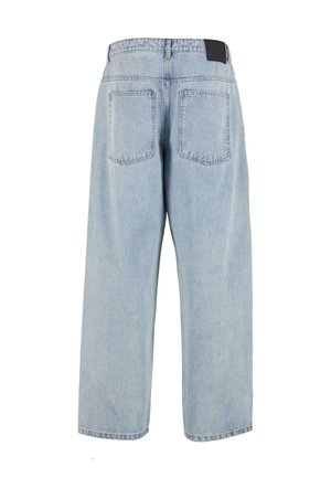 Light blue, high-waisted denim jeans with a loose fit, two back pockets, and a black leather tag at the waistband. Straight leg design.