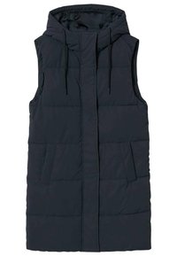 Vesta bez rukávů s kapucí v tmavě námořnické modři, s prošívanou strukturou, předními kapsami a zapínáním na celý zip. Nastavitelné stahovací šňůrky u kapuce.