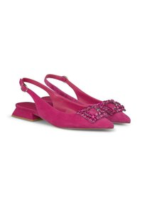 Chaussures slingback en daim rose avec des bouts pointus, de petits talons carrés et des détails en perles embellies à l'avant. Doublure intérieure lisse.