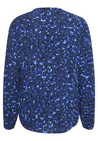 Maglia a maniche lunghe blu con motivo floreale in tonalità di blu scuro e chiaro. Tessuto morbido e testurizzato con scollo rotondo e vestibilità rilassata.