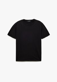 Svart kortärmad t-shirt med rund hals, gjord av mjukt tyg med en slät yta och en avslappnad siluett.