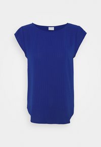 Modrý krátký rukáv top vyrobený z texturované tkaniny s kulatým výstřihem a mírně zaobleným lemem. Štítek viditelný u výstřihu.