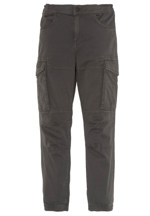 Mørkegrå cargobukser med flere lommer, knap- og lynlåslukning samt elastiske manchetter ved anklerne på hvid baggrund.