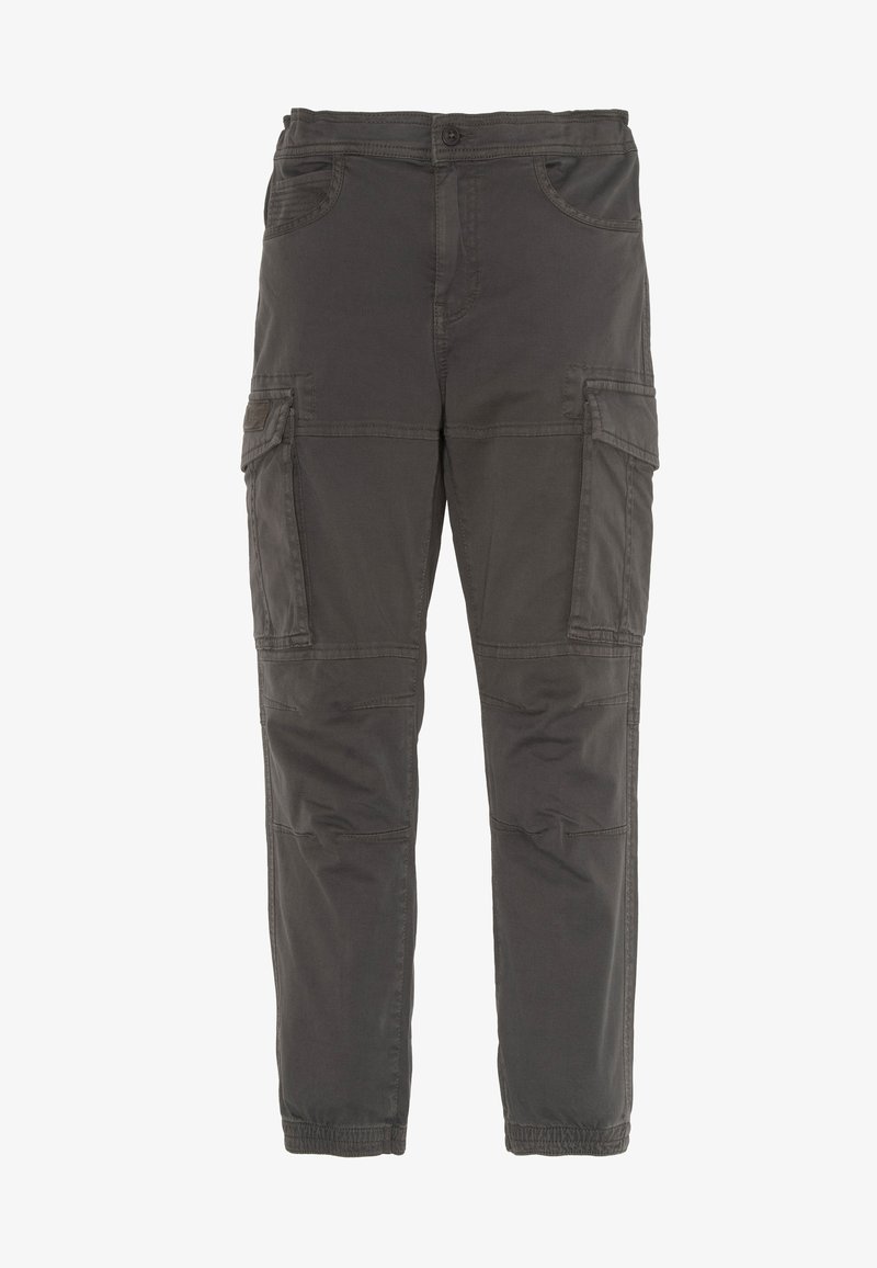 Pantalon cargo gris foncé avec multiples poches, fermeture à boutons et zip, et poignets élastiqués aux chevilles sur fond blanc.