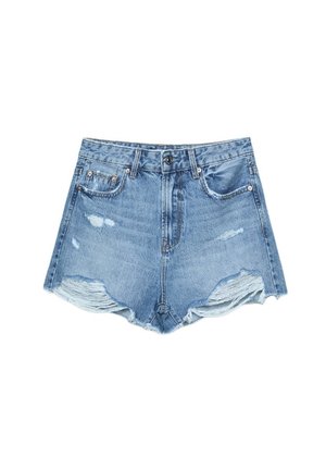 Lichtblauwe denim shorts met hoge taille, met rafelige zoom en distressed details op de voorzakken en dijen.
