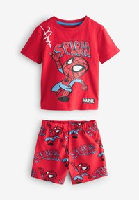Červené bavlněné pyžamo s grafikou Spider-Mana na tričku a odpovídajícími šortkami, zdobené opakujícími se vzory Spider-Mana.