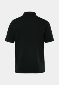 Sort polo shirt med korte ærmer, ribbet krave og lige kant. Stoffet ser glat ud med en subtil tekstur.