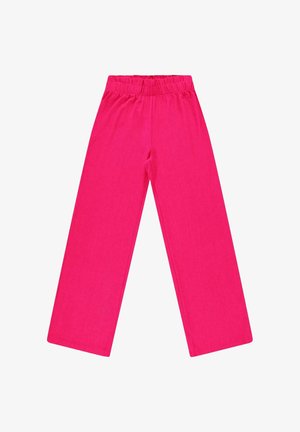 Roze, lichtgewicht, geribbelde broek met wijde pijpen en elastische tailleband. Rechte snit, gladde textuur, zonder extra patronen of accessoires.