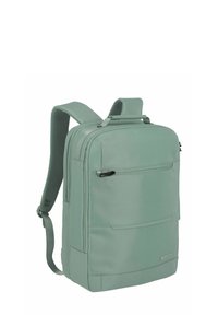 Sac à dos vert menthe fabriqué en matériau texturé et durable ; doté de bretelles rembourrées, de plusieurs poches zippées et d'une forme rectangulaire structurée.