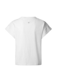 T-shirt en coton blanc avec des manches courtes et larges. Design simple avec un petit logo dans le haut du dos. Texture lisse avec une coupe décontractée.