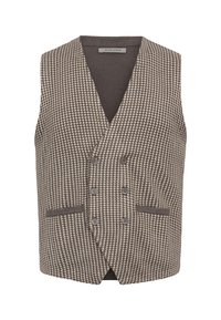 Brun hundetand vest med dyb V-hals, dobbeltradet front, to lommer og fire knapper. Fremstillet af et struktureret stof.